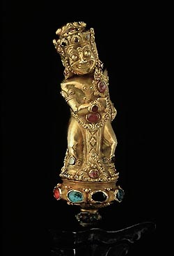 Griff einer Handstichwaffe keris, Bali, Indonesien, 2. Hlfte d. 19. Jh., Goldblech, Glas, Holz